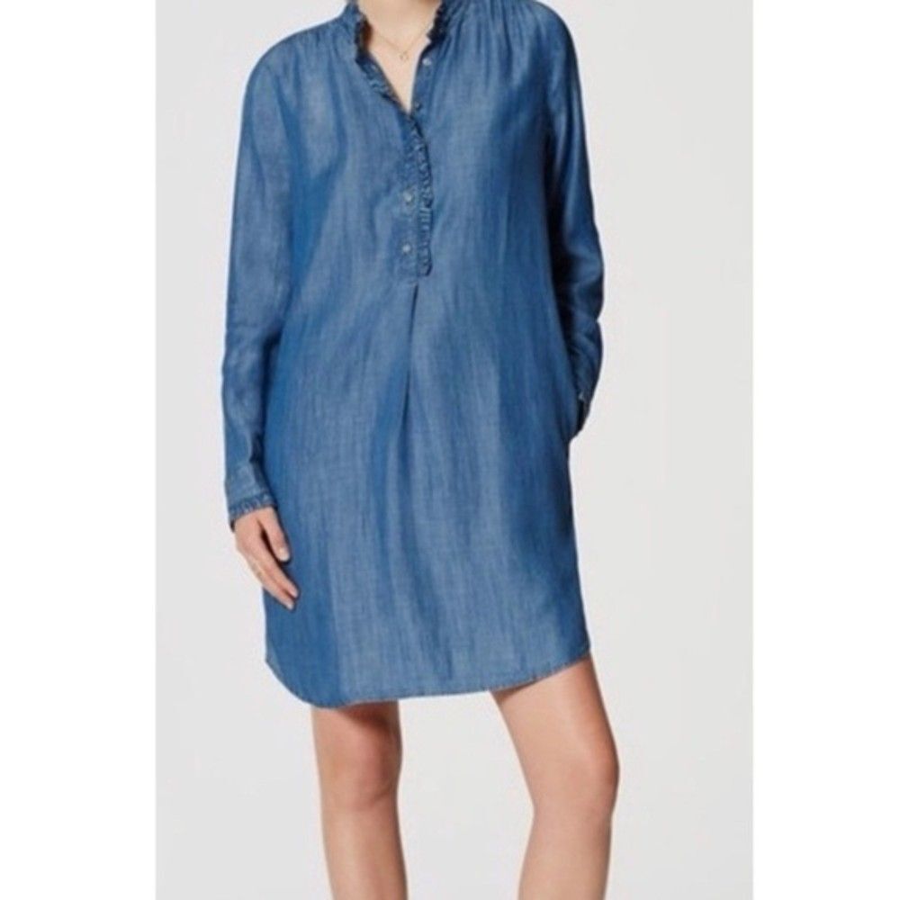 Loft Size M Long Sleeve Denim Dress Ruffle Trim Mini Western Casual Cowgirl Boho